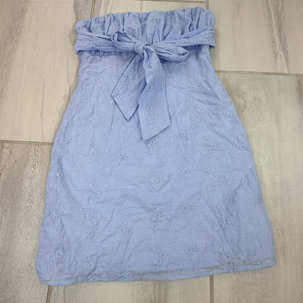 Altard State Light Blue Floral Eyelet Strapless Mini Dress Bow Detail Small